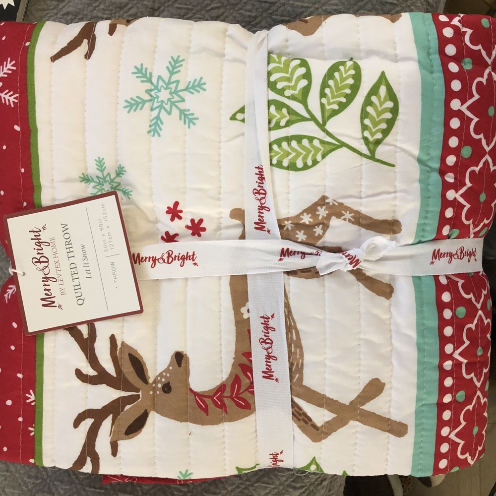 Levtex Red and Green Holiday Throw with Reindeer and Snowflakes